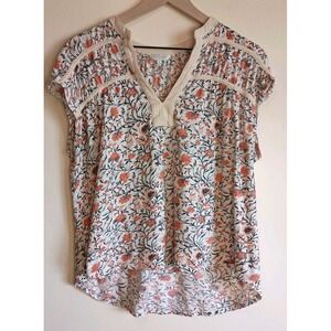 Lucky Brand Floral Cotton Peasant Top Blouse High Low Medium Boho Cottagecore